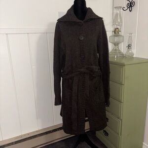 Vintage La Redoute Wool Alpaca Long Cardigan Sweater Coat Tie Belt Brown